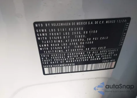 2021 Volkswagen Tiguan 2.0T Se/2.0T Se R-Line Black/2.0T Sel z USA, uszkodzony, nr VIN 3VV3B7AXXMM046628